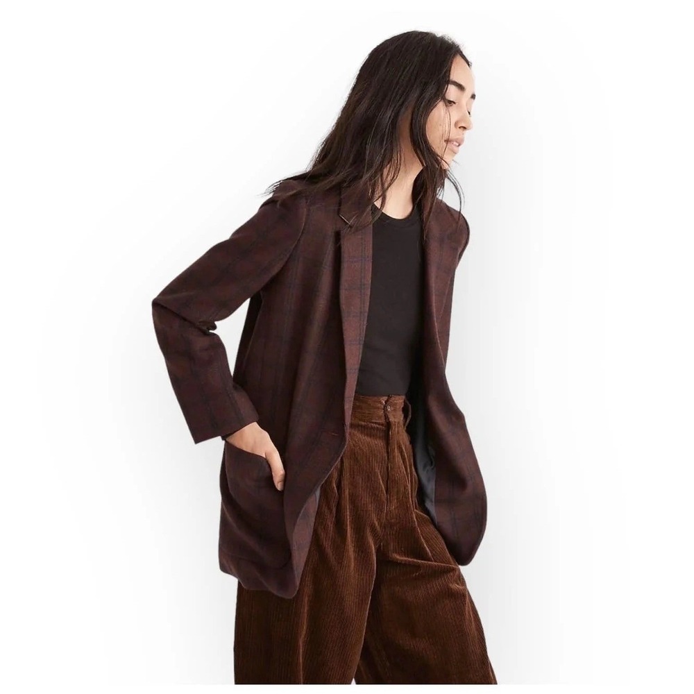 NWT Madewell the larsen blazer windowpane Wool Blend Size Large spiced raisin
